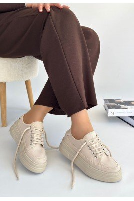 Kadın Sneaker Bej Keten Bağcıklı Günlük Spor Ayakkabı