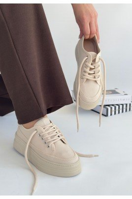 Kadın Sneaker Bej Keten Bağcıklı Günlük Spor Ayakkabı