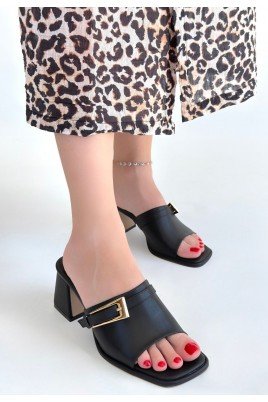 Kadın Topuklu Terlik Siyah Cilt Şık Ev & Dış Mekan Günlük