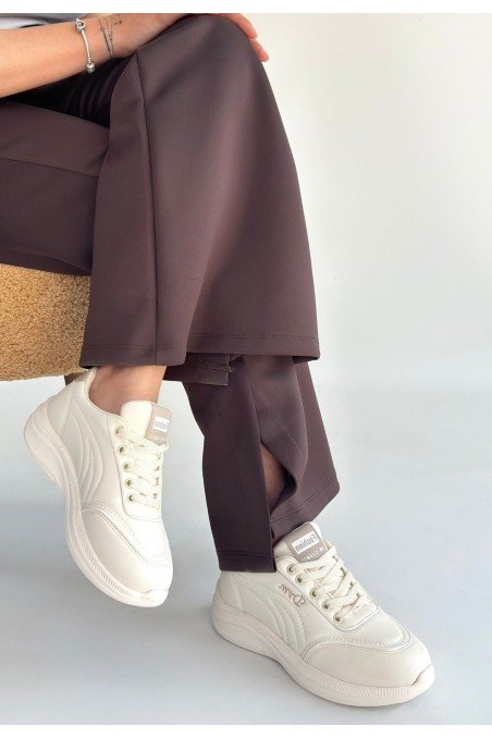 Kadın Sneaker Bej Cilt Bağcıklı Günlük Spor Ayakkabı