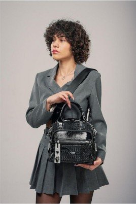 Kadın Siyah Cilt Çift Saplı Kol & Omuz Çantası Günlük Ofis