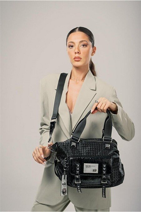 Kadın Siyah Cilt Fermuarlı Omuz Çantası Günlük Şık Kullanım