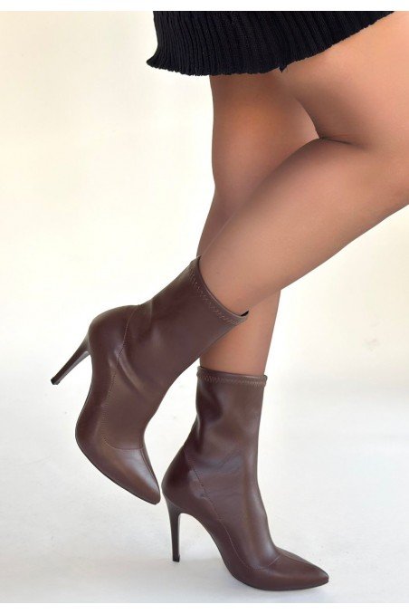 Kadın Topuklu Bot Acı Kahve Cilt Streç Şık Kısa Bot Günlük & Özel Gün
