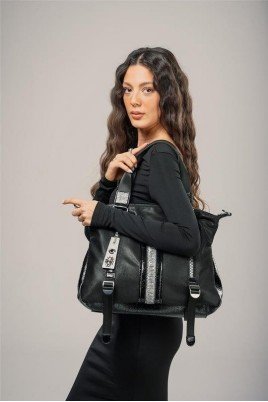 Kadın Siyah Cilt Çift Saplı Kol & Omuz Çantası Günlük Ofis