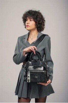 Kadın Siyah Cilt Fermuarlı Omuz Çantası Günlük Şık Kullanım