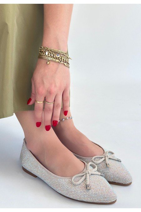 Kadın Babet Ayakkabı Bej Saten İşlemeli Rahat Düz Taban Günlük