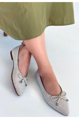 Kadın Babet Ayakkabı Bej Saten İşlemeli Rahat Düz Taban Günlük