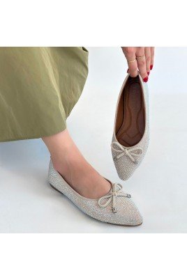 Kadın Babet Ayakkabı Bej Saten İşlemeli Rahat Düz Taban Günlük