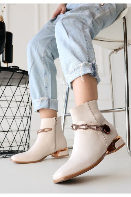 Kadın Topuklu Bot Bej Cilt Şık Kısa Bot Günlük & Özel Gün