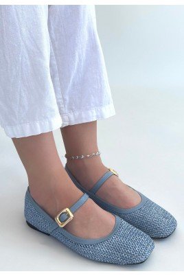 Kadın Babet Ayakkabı Mavi Cilt Rahat Düz Taban Günlük