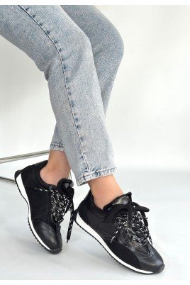 Kadın Sneaker Siyah Cilt Bağcıklı Günlük Spor Ayakkabı Paraşüt Detaylı