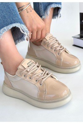 Kadın Sneaker Bej Rugan Bağcıklı Günlük Spor Ayakkabı