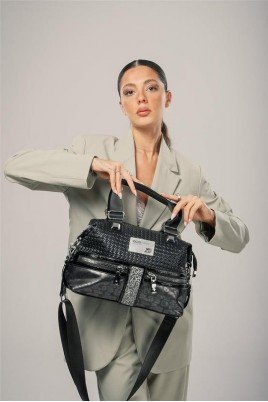 Kadın Siyah Cilt Çift Saplı Kol & Omuz Çantası Günlük Ofis