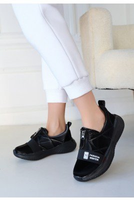 Kadın Sneaker Siyah Cilt Bağcıklı Günlük Spor Ayakkabı Paraşüt Detaylı