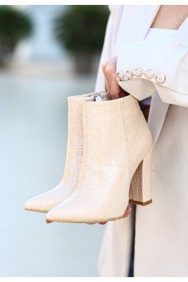 Kadın Topuklu Bot Ten Rugan Şık Kısa Bot Günlük & Özel Gün