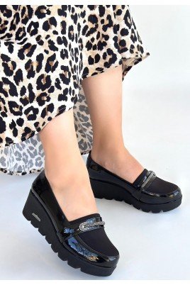 Kadın Dolgu Topuklu Platform Ayakkabı Siyah Rugan Rahat Taban Günlük