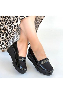 Kadın Dolgu Topuklu Platform Ayakkabı Siyah Rugan Rahat Taban Günlük