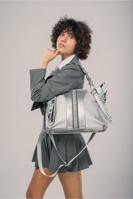 Kadın Gri Cilt Fermuarlı Omuz Çantası Günlük Şık Kullanım