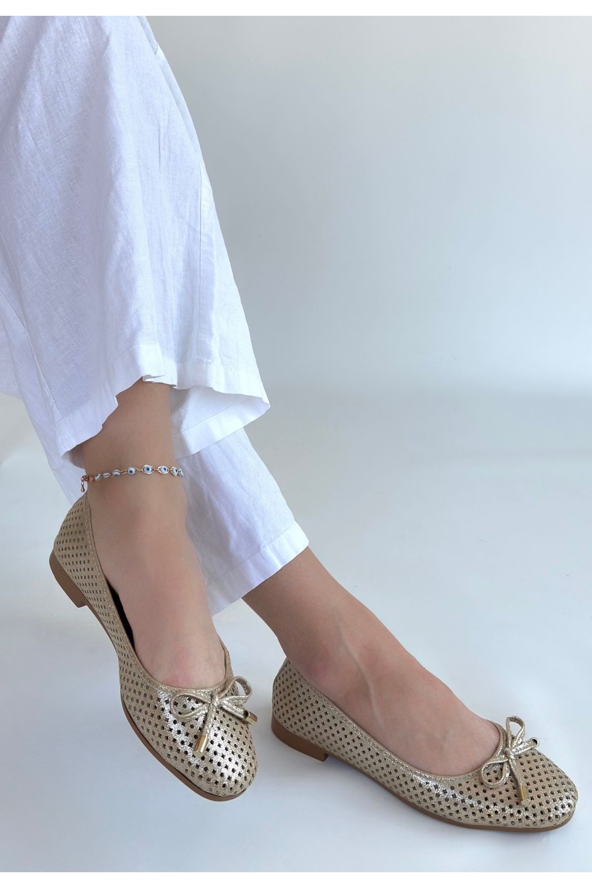 Kadın Babet Ayakkabı Bej Cilt Rahat Düz Taban Günlük