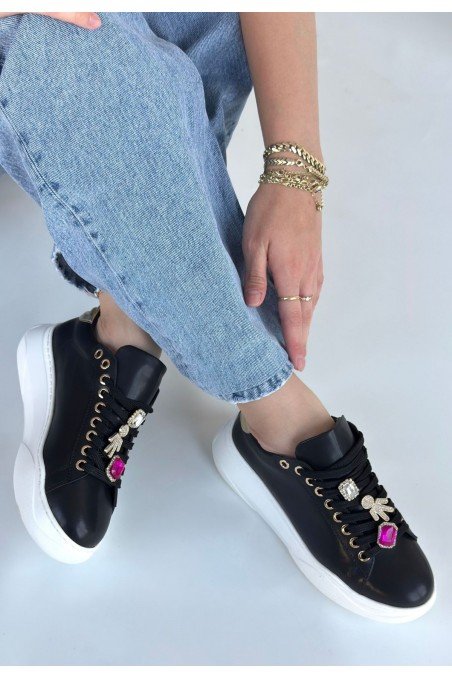 Kadın Sneaker Siyah Cilt Bağcıklı Günlük Spor Ayakkabı