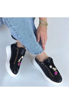 Kadın Sneaker Siyah Cilt Bağcıklı Günlük Spor Ayakkabı