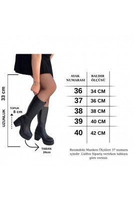 Kadın Topuklu Çizme Siyah Cilt Uzun Çizme Şık Kış