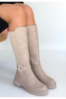 Kadın Çizme Bej Nubuk Uzun Diz Altı Günlük Kış Sezonu
