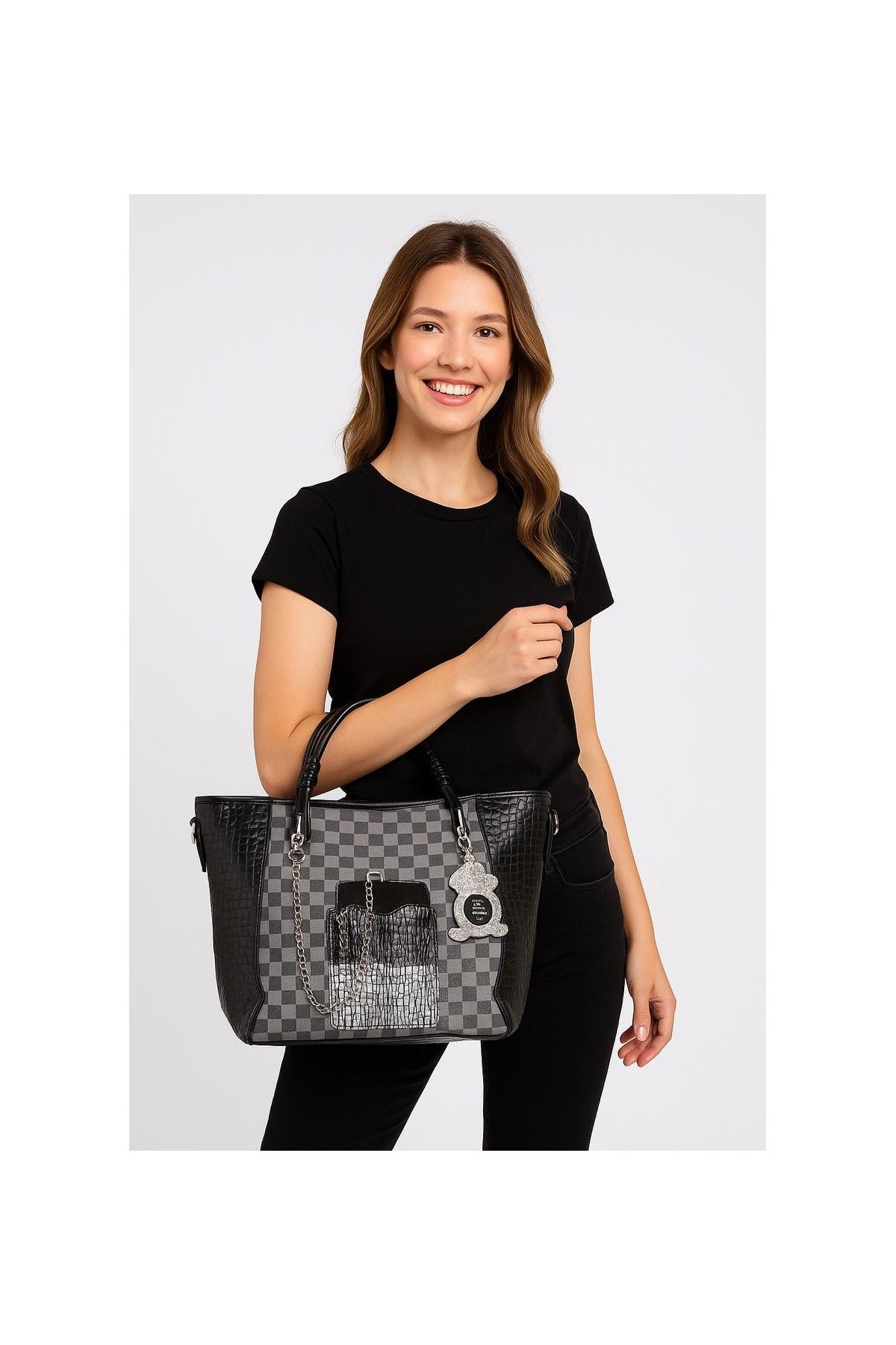 Kadın Siyah Cilt Fermuarlı Omuz Çantası Günlük Şık Kullanım