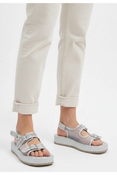 Sinna Gümüş Cilt Tül Detaylı Sandalet