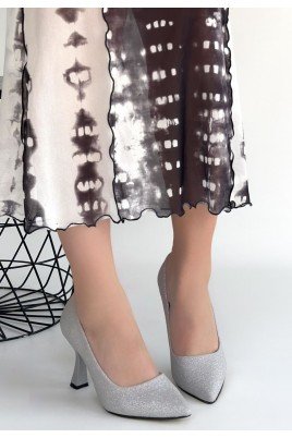 Meyli Gümüş Saten Simli Topuklu Ayakkabı