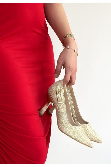 Cerin Gold Saten Simli Topuklu Ayakkabı