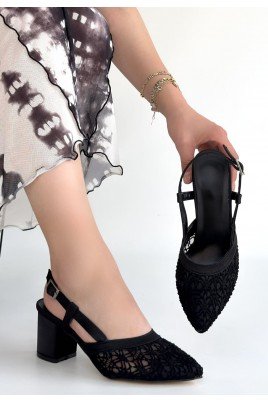 Poje Siyah Saten Tül Detaylı Topuklu Ayakkabı