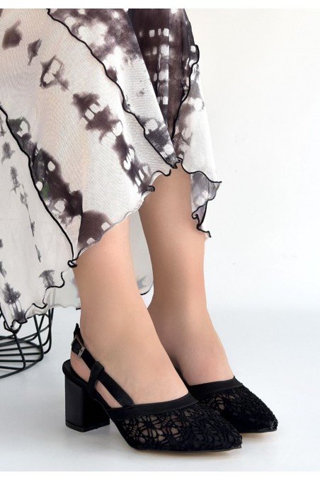 Poje Siyah Saten Tül Detaylı Topuklu Ayakkabı
