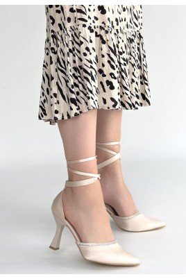 Tenja Bej Saten Bilekten Bağcıklı Topuklu Ayakkabı