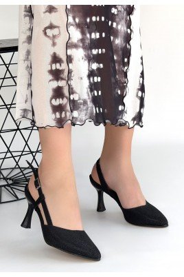 Minde Siyah Cilt Simli Topuklu Ayakkabı