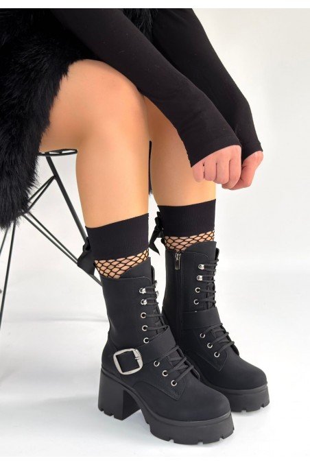 Linma Siyah Nubuk Bağcıklı Topuklu Bot