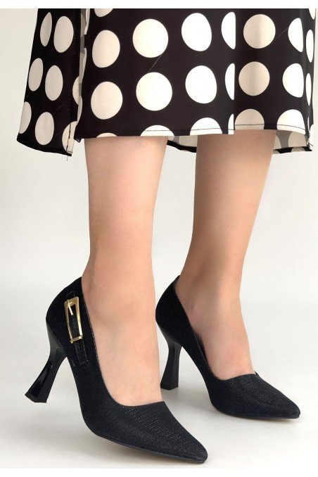 Cerin Siyah Saten Simli Topuklu Ayakkabı