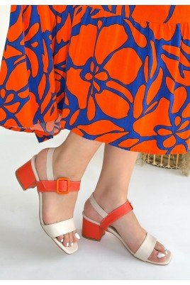 Year Bej Cilt Turuncu Detaylı Turuncu Topuklu Topuklu Ayakkabı