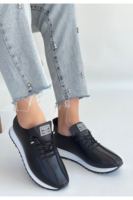 Monya Siyah Cilt Bağcıklı Spor Ayakkabı