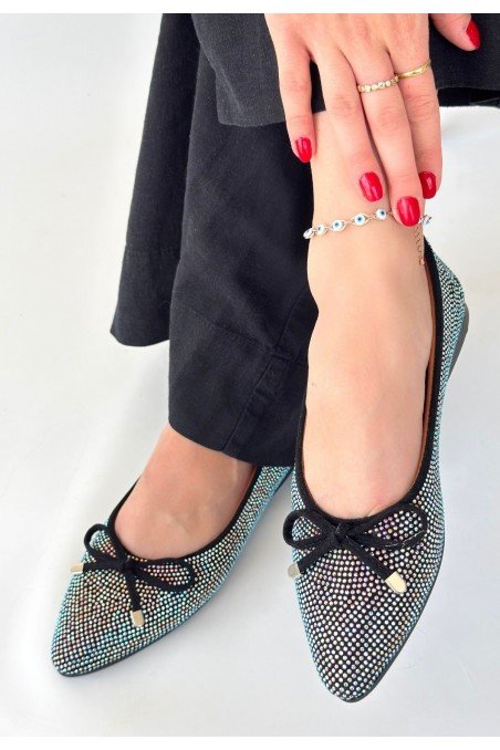 Sarra Siyah Saten İşlemeli Babet Ayakkabı