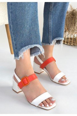 Year Bej Cilt Turuncu Detaylı Turuncu Topuklu Topuklu Ayakkabı