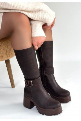 Moki Kahverengi Nubuk Topuklu Çizme