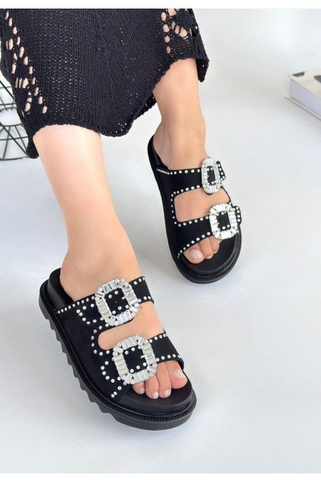 Juana Siyah Nubuk Taşlı Terlik