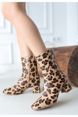 Birta Leopar Cilt Streç Topuklu Bot