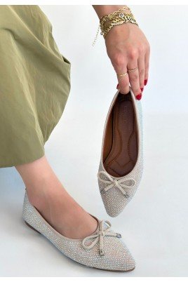 Sarra Bej Saten İşlemeli Babet Ayakkabı