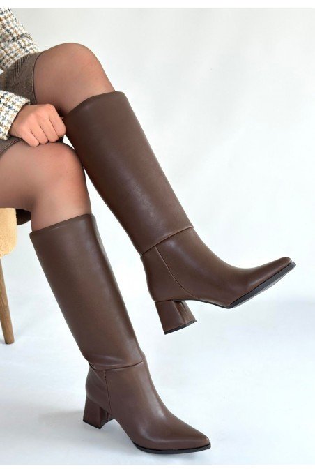 Roksa Acı Kahvei Cilt Topuklu Çizme