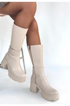 Moki Bej Cilt Topuklu Çizme