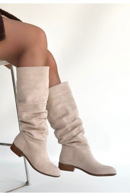 Winda Bej Süet Körüklü Topuklu Çizme