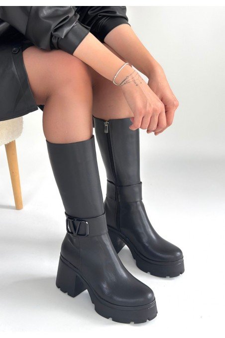 Moki Siyah Cilt Topuklu Çizme