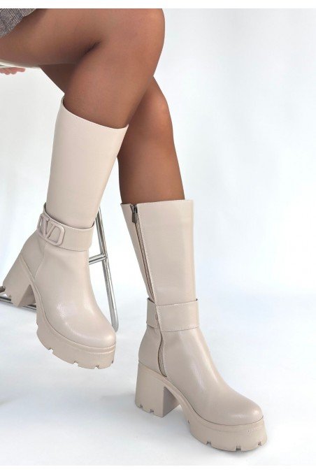 Moki Bej Cilt Topuklu Çizme